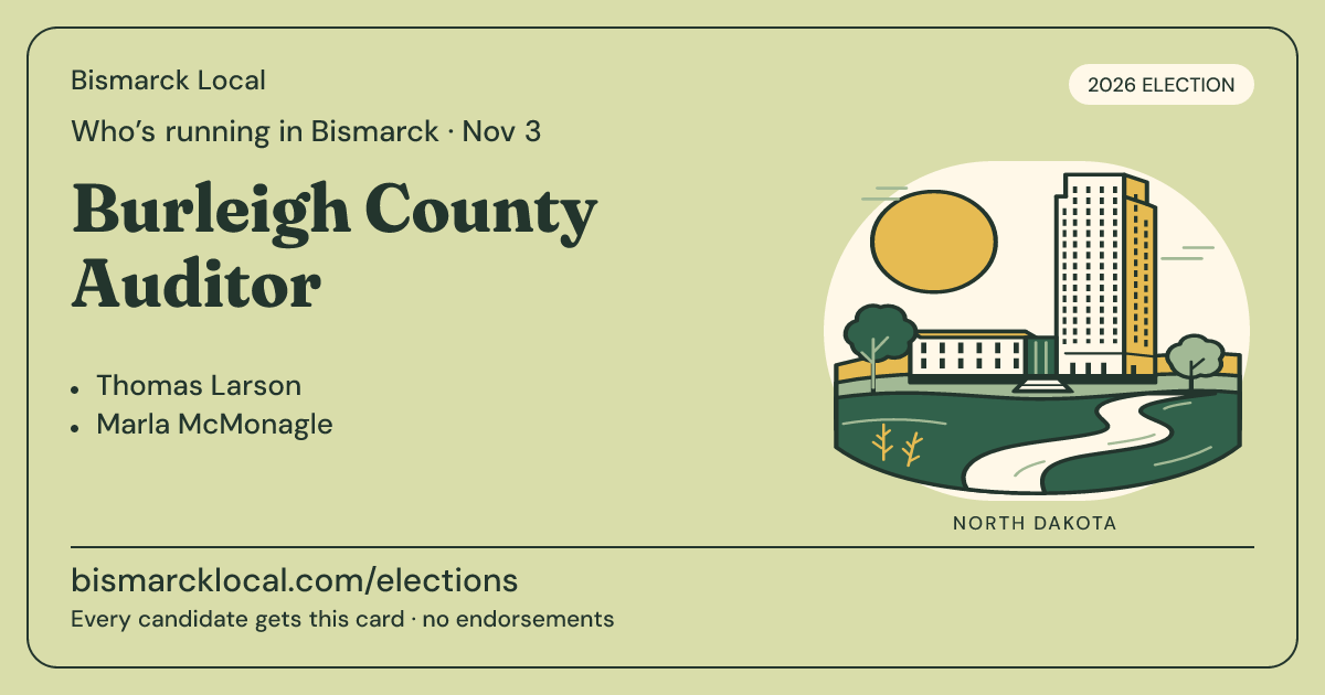 Burleigh County Auditor, November 3, 2026 — Bismarck Local race card