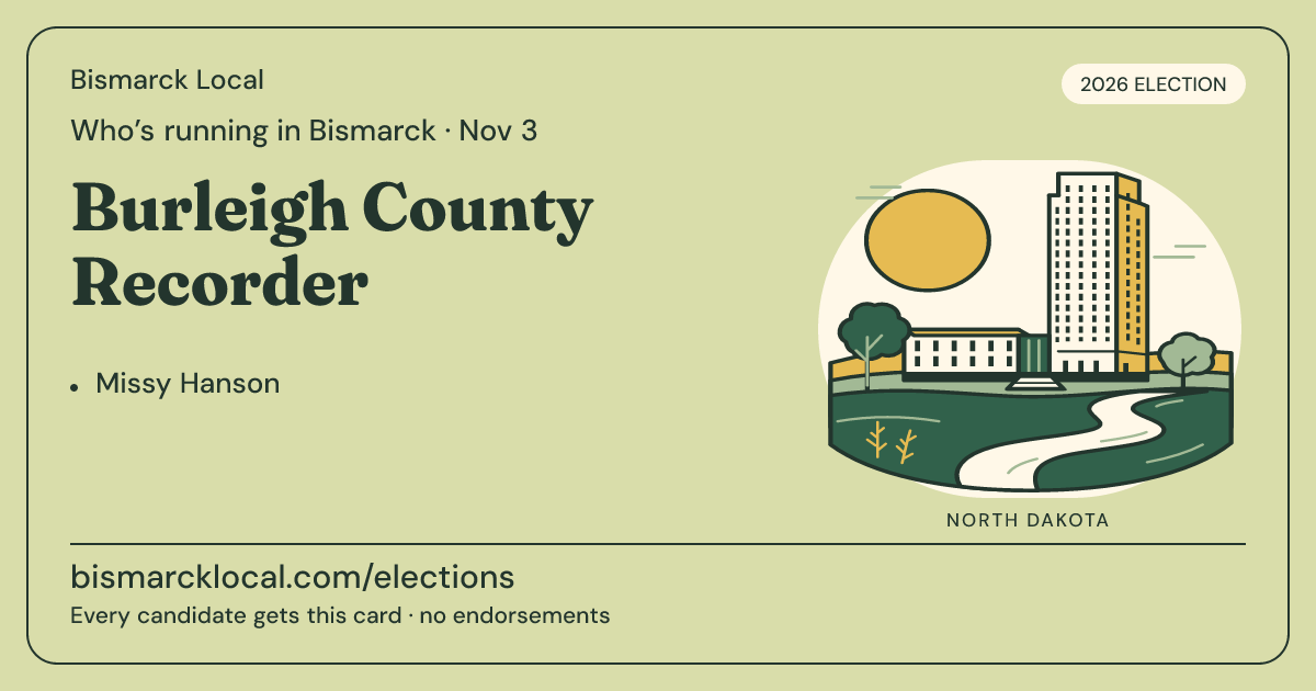 Burleigh County Recorder, November 3, 2026 — Bismarck Local race card