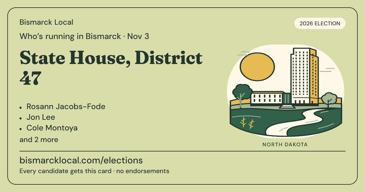 State House, District 47, November 3, 2026 — Bismarck Local race card