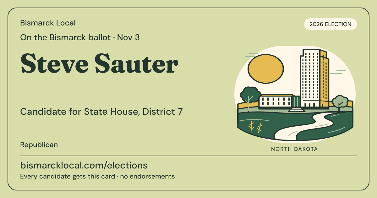 Steve Sauter, State House, District 7, November 3, 2026 — Bismarck Local candidate card