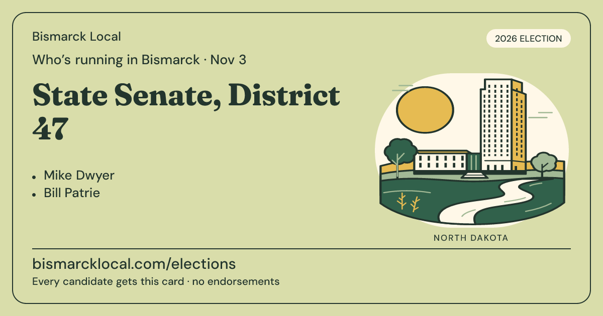 State Senate, District 47, November 3, 2026 — Bismarck Local race card