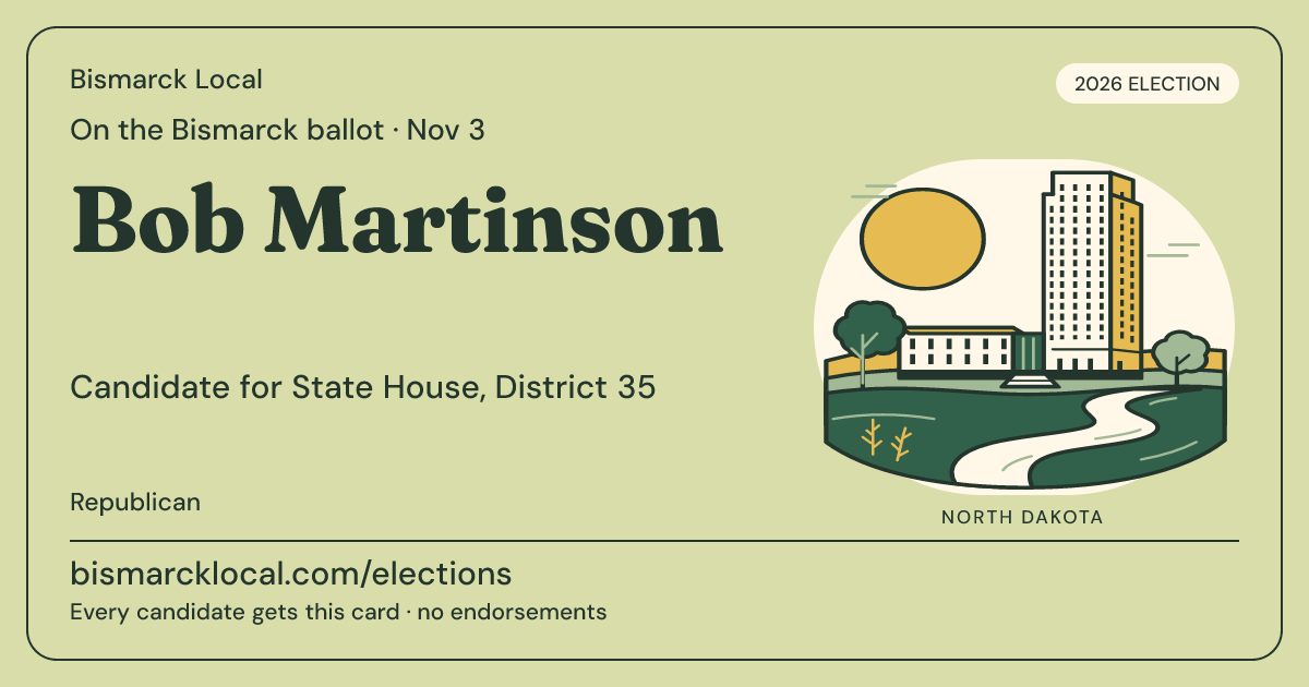 Bob Martinson, State House, District 35, November 3, 2026 — Bismarck Local candidate card