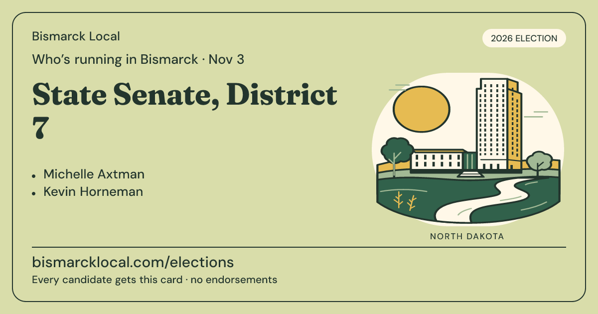 State Senate, District 7, November 3, 2026 — Bismarck Local race card