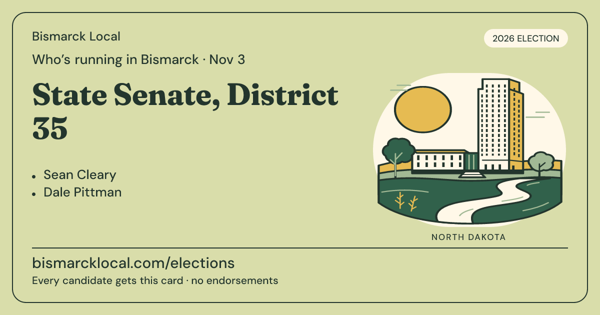 State Senate, District 35, November 3, 2026 — Bismarck Local race card