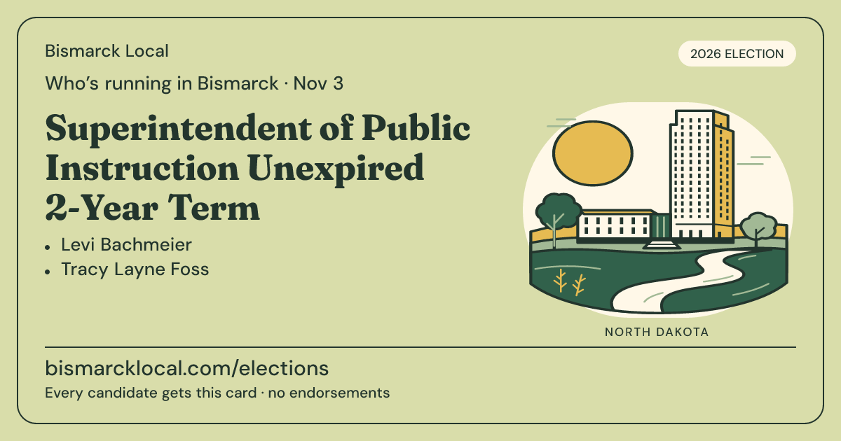 Superintendent of Public Instruction Unexpired 2-Year Term, November 3, 2026 — Bismarck Local race card